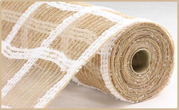 10" Drift/Jute Check: Natural, White (10 Yards) RY810718 - White Bayou Wreaths & Supply