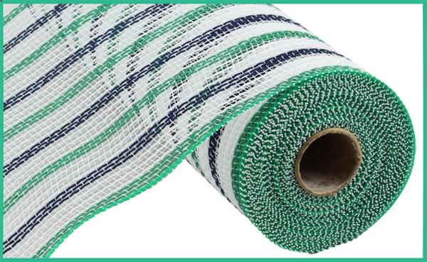 10" Faux Jute Stripe Mesh: White, Emerald, Navy (10 Yards) RY8338CC - White Bayou Wreaths & Supply