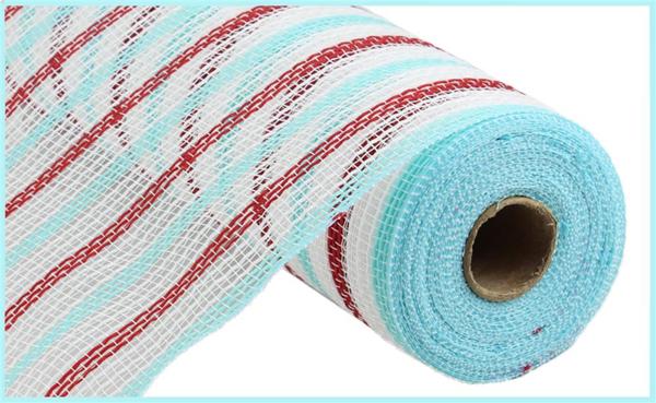 10" Faux Jute Stripe Mesh: White, Red, Ice Blue (10 Yards) RY8338R6 - White Bayou Wreaths & Supply