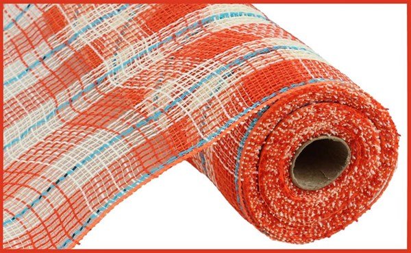 10" Faux Jute/Check/Foil Mesh: Cream, Orange, Turquoise (10 Yards) RY8022T7 - White Bayou Wreaths & Supply