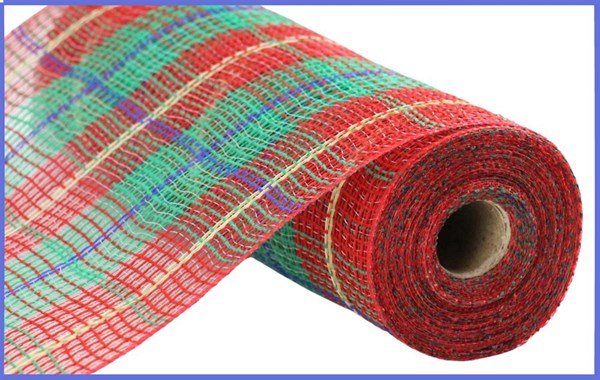 10" Faux Jute/Lg Plaid Mesh: Red, Emerald, Royal Blue, Gold (10 Yards) RY8335X7 - White Bayou Wreaths & Supply