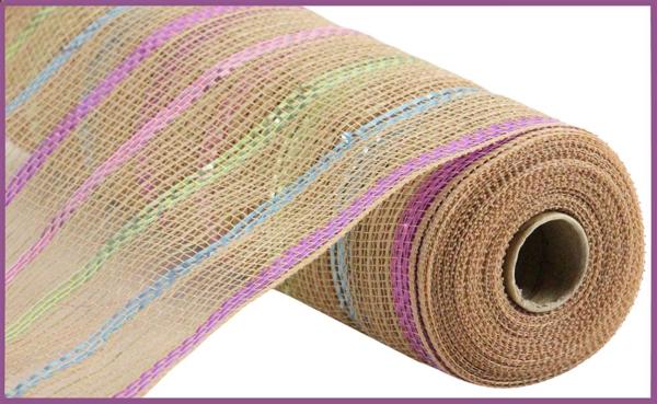 10" Poly/Jute Matte Stripe Mesh: Natural, Light Pink, Sage (10 Yards) RY8031AW - White Bayou Wreaths & Supply