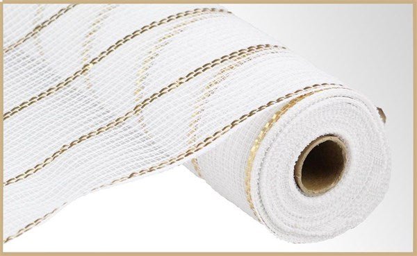 10" Poly/Jute/Metallic Mesh: White, Matte Gold (10 Yards) RY8329N2 - White Bayou Wreaths & Supply