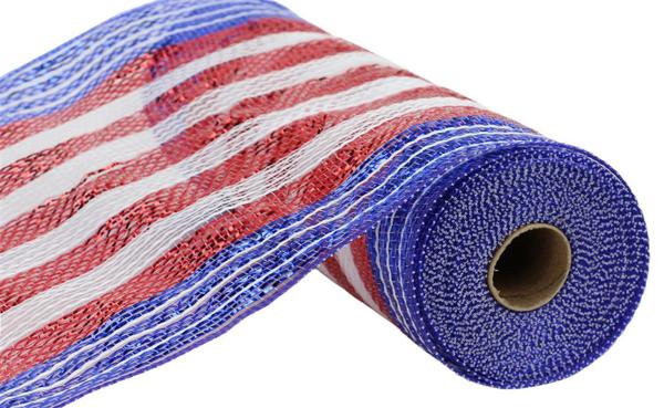 10" Poly/Jute/Metallic Stripe: Red, White, Blue (10 Yards) RY8034H3 - White Bayou Wreaths & Supply