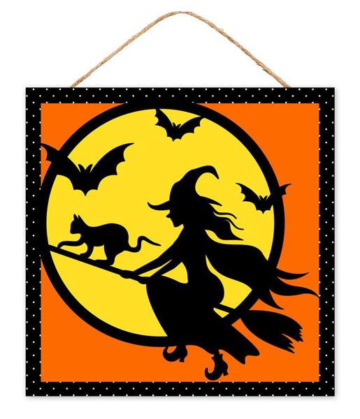 10" Square Mdf Witch Flying Sign - AP7305 - White Bayou Wreaths & Supply