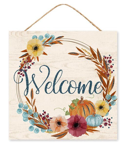 10" Square Welcome Fall Glitter Sign: Cream, Rust, Burgundy - AP8967 - White Bayou Wreaths & Supply