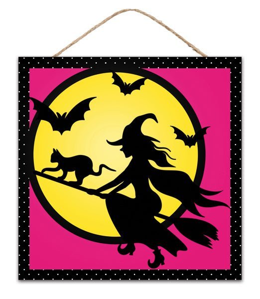 10" Square Witch Flying Sign: Hot Pink, Yellow, Black - AP735311 - White Bayou Wreaths & Supply