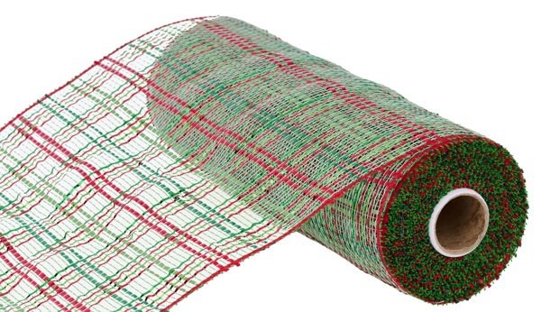 10" Vertical Foil Plaid Mesh: Red, Lime Green, Emerald Green (10 Yards) RE1368XC - White Bayou Wreaths & Supply