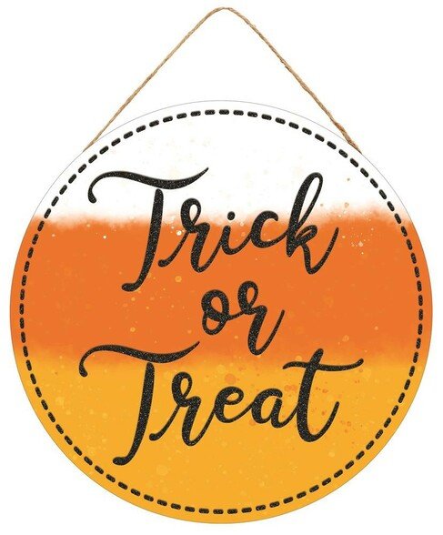 10.5" Round Trick or Treat Sign: White, Yellow, Orange, Black AP8850 - White Bayou Wreaths & Supply