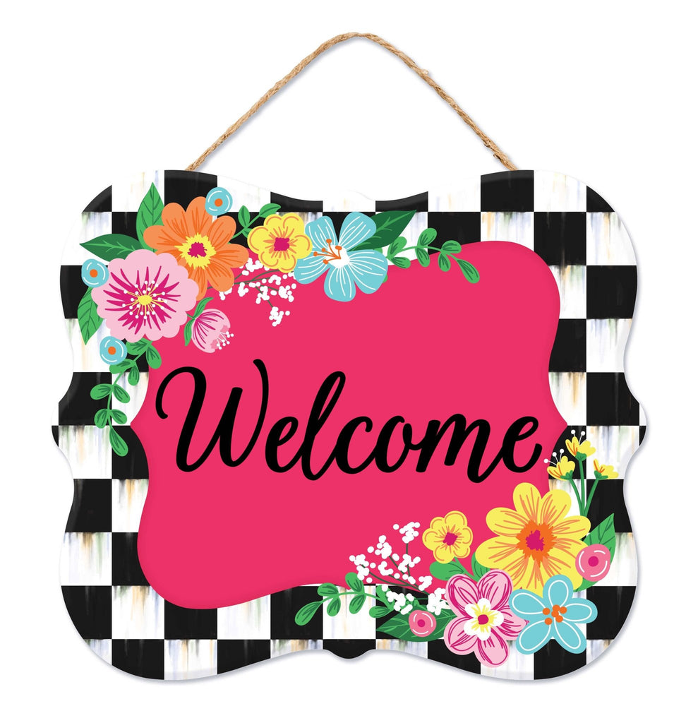 10.5"L Floral Welcome Checker Border Sign - AP739911 - White Bayou Wreaths & Supply