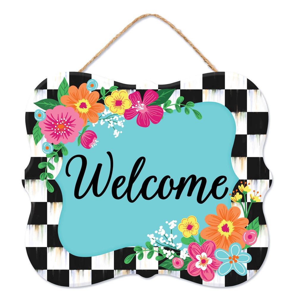 10.5"L Floral Welcome Checker Border Sign - AP739914 - White Bayou Wreaths & Supply