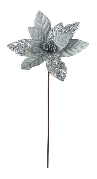 11" Dia Velvet Poinsettia On 19.5"L Stem: Silver - XS3994 - White Bayou Wreaths & Supply