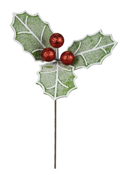 11.75" Dia Holly Leaf Cluster On 20" Stem: Green, Red, White - XS1154 - White Bayou Wreaths & Supply