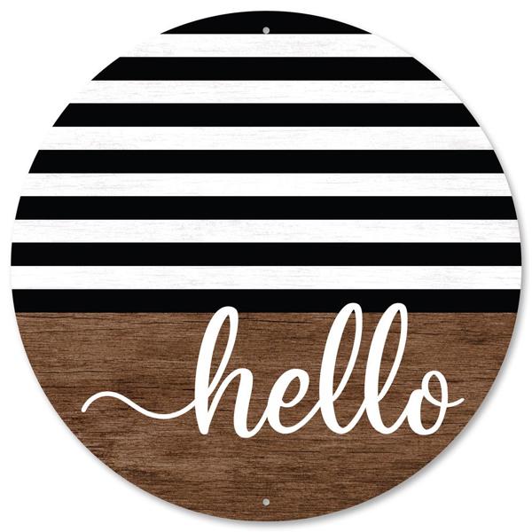 12" Dia Metal Hello Wood Look Sign: White, Brown, Black - MD0895 - White Bayou Wreaths & Supply