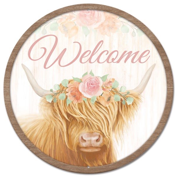 12" Dia Metal "Welcome" Highland Cow Sign - MD138544 - White Bayou Wreaths & Supply