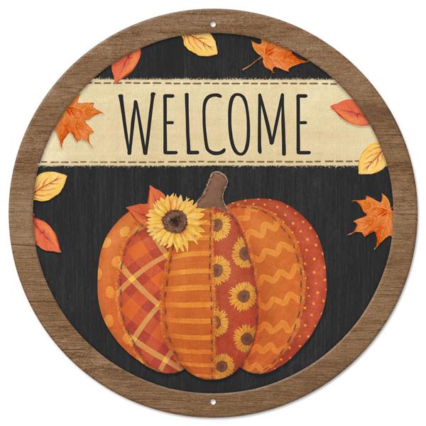 12" Dia Welcome/Quilted Pumpkin Sign - MD1254 - White Bayou Wreaths & Supply