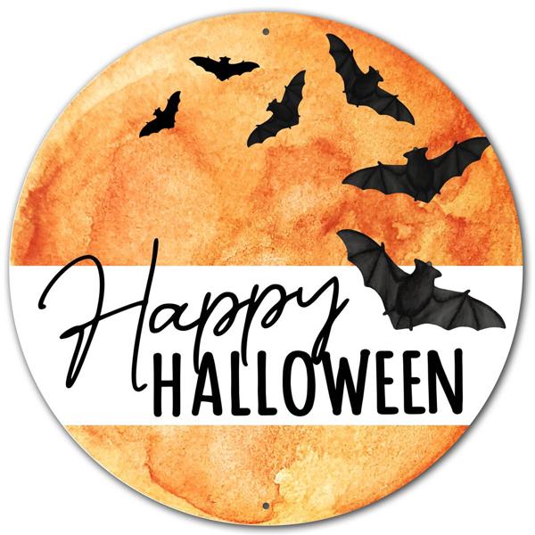 12" Diameter Metal Happy Halloween Moon Sign - MD0980 - White Bayou Wreaths & Supply