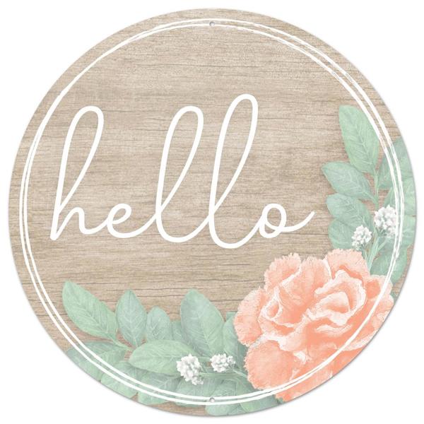 12" Diameter Metal Hello Sign: Tan, Sage, Pink, White - MD1014 - White Bayou Wreaths & Supply