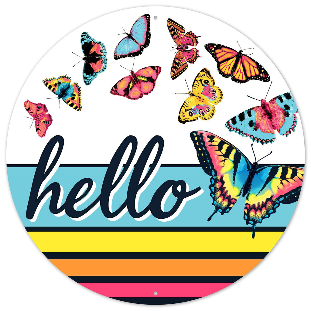 12" Diameter Metal Hello w/Butterflies Sign - MD156153 - White Bayou Wreaths & Supply