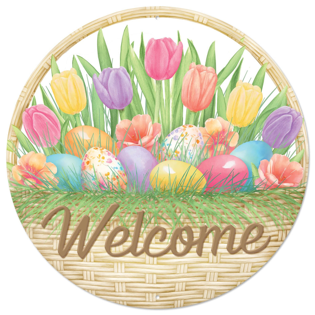 12" Diameter Metal Welcome Basket w/ Easter Eggs Sign - MD1528 - White Bayou Wreaths & Supply