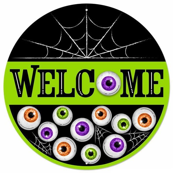 12" Diameter Metal Welcome w/Eyeballs Sign - MD1370 - White Bayou Wreaths & Supply