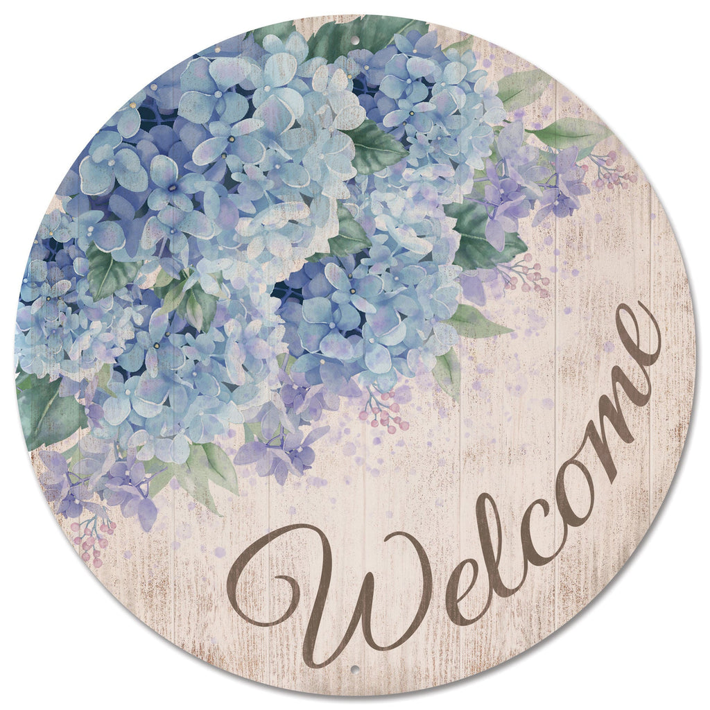 12" Diameter Metal Welcome w/Hydrangea Sign - MD153549 - White Bayou Wreaths & Supply