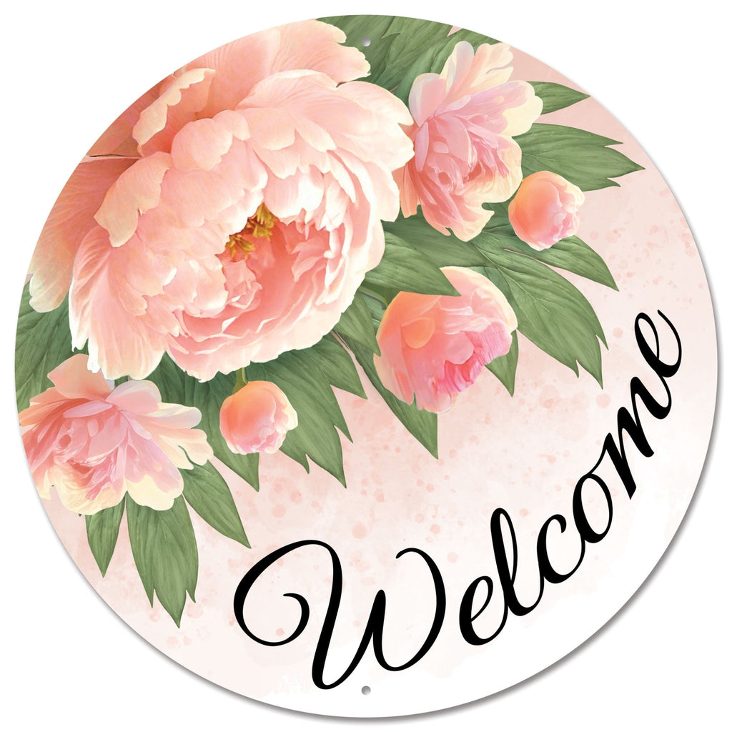 12" Diameter Metal Welcome w/Peonies Sign - MD153215 - White Bayou Wreaths & Supply