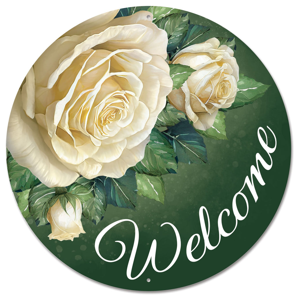 12" Diameter Metal Welcome w/White Roses Sign - MD153427 - White Bayou Wreaths & Supply