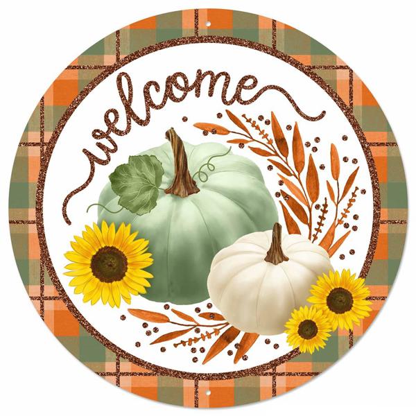 12" Diameter Metal/Glitter Welcome w/Pumpkins Sign: Sage - MD096743 - White Bayou Wreaths & Supply