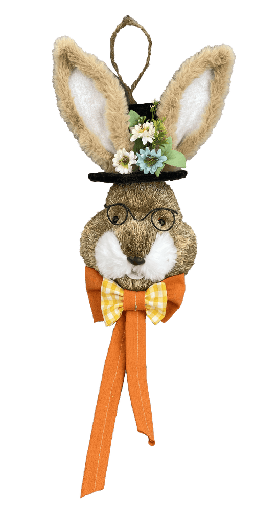 12" Hanging Sisal Bunny Head w/ Orange Bow - 63368OR - White Bayou Wreaths & Supply