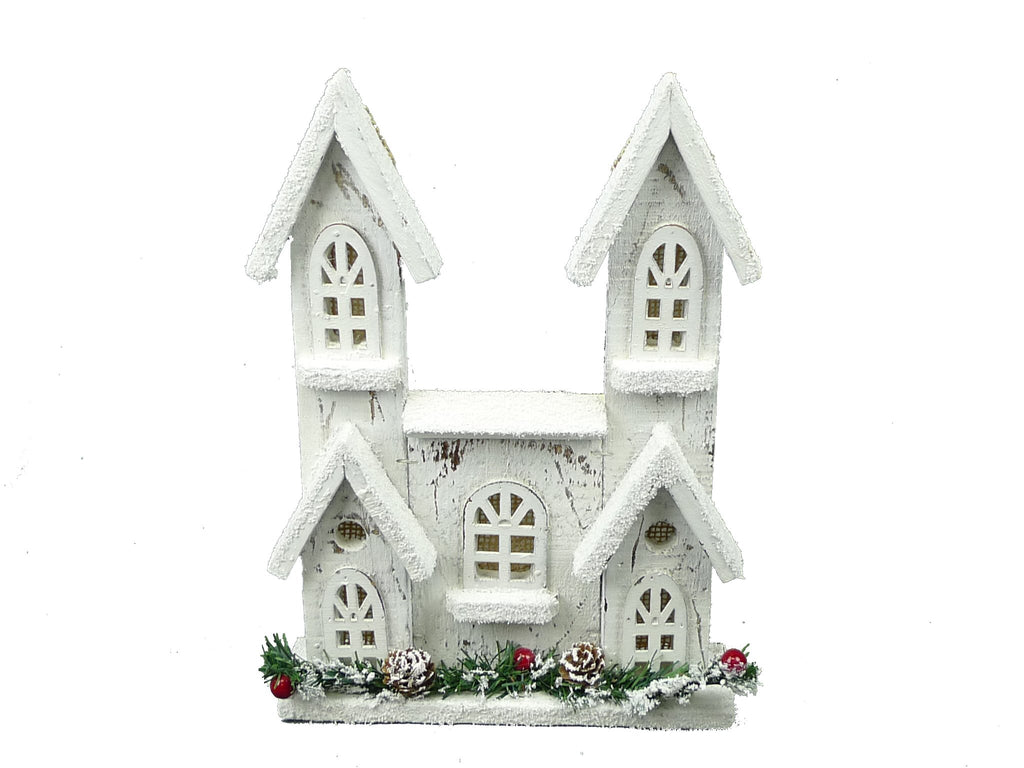 12" Wooden Winter House w/ 10 LED Lights - 84014WT - White Bayou Wreaths & Supply