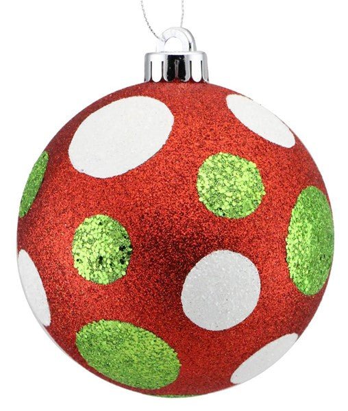 120mm All Glitter Polka Dot Ball: Red, White, Lime Green - XY8918M4 - White Bayou Wreaths & Supply