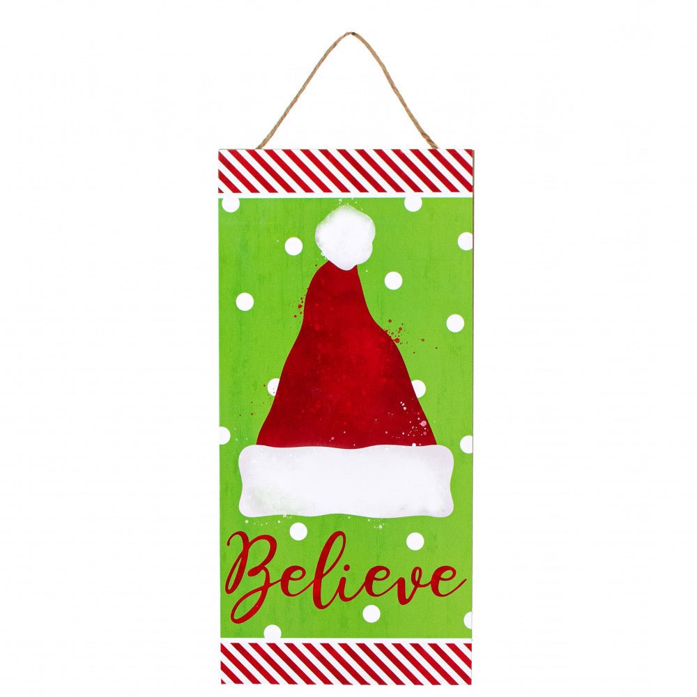 12.5"H x 6"W "Believe" w/ Santa Hat Sign - AP8790 - White Bayou Wreaths & Supply