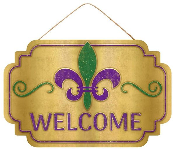 12.5"L Welcome/Fleur De Lis Sign - Mardi Gras - AP839645 - White Bayou Wreaths & Supply