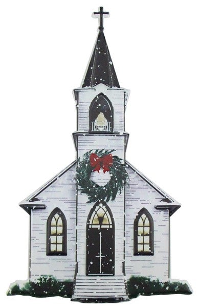 12"H X 7.5"L Metal Embossed Winter Church Sign - MD0620 - White Bayou Wreaths & Supply