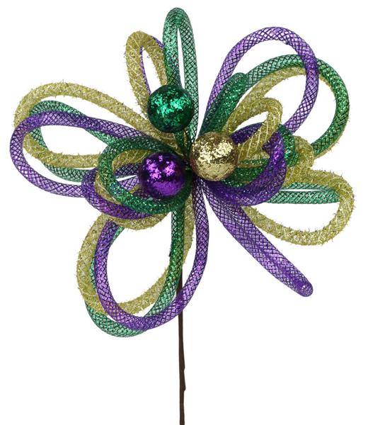 12"L Foil/Tinsel Glitter Ball Pick: Mardi Gras - HG1113 - White Bayou Wreaths & Supply