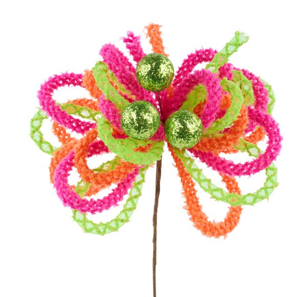 12"L Snowdrift Glitter Ball Pick: Fuchsia, Orange, Green - XP3877FR - White Bayou Wreaths & Supply