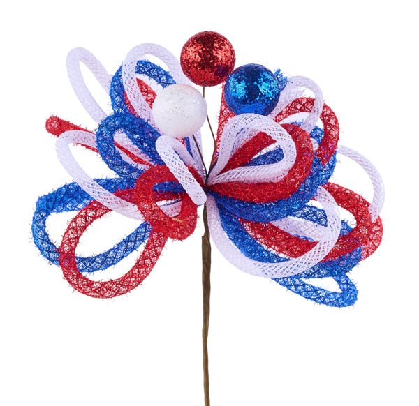 12"L Tinsel/Foil Glitter Ball Pick: Red, White & Blue - XP3869FA - White Bayou Wreaths & Supply