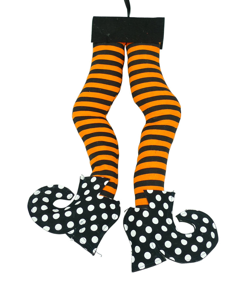 12"W x 18"H Plush Stripe Polkadot Witch Legs: Orange, Black - 56549ORBK - White Bayou Wreaths & Supply