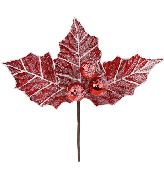 13" Dia Holly Leaf Cluster On 20"L Stem: Red, White XS1152 - White Bayou Wreaths & Supply