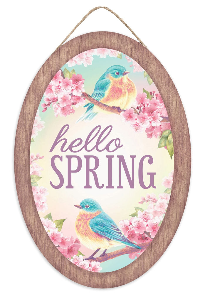 13"H Hello Spring w/Chubby Birds Oval Sign - AP7365 - White Bayou Wreaths & Supply