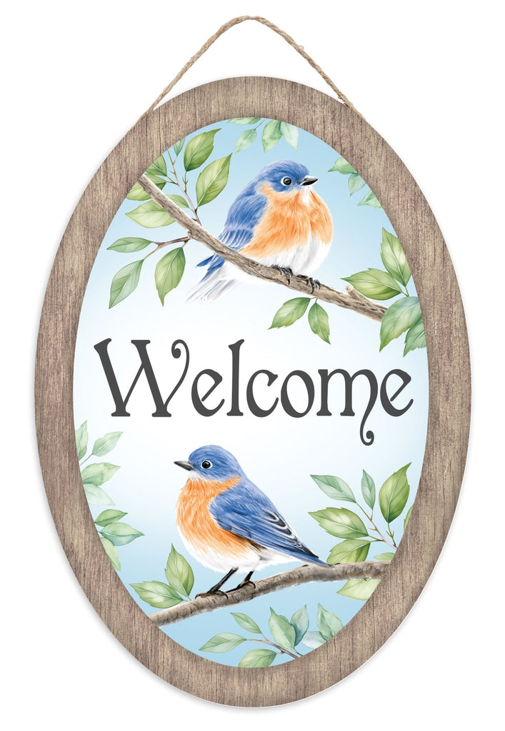 13"H Oval Welcome w/ Chubby Blue Birds Sign - AP7383 - White Bayou Wreaths & Supply