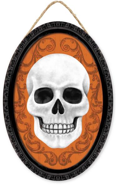 13"H x 9"L Framed Skull Oval Sign: Orange, Black - AP729720 - White Bayou Wreaths & Supply