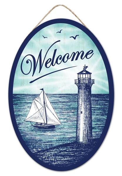 13"H x 9"L Welcome w/ Lighthouse Oval Sign - AP7325 - White Bayou Wreaths & Supply