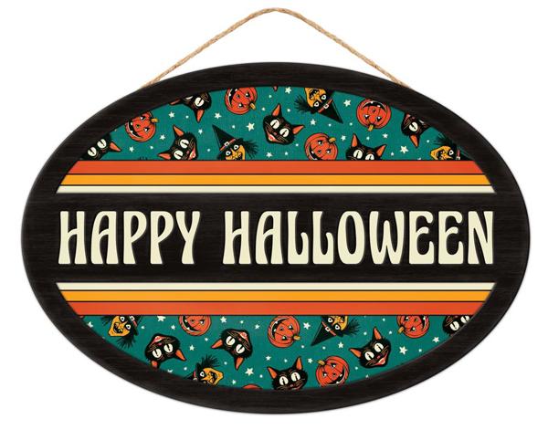 13"L x 9"H Happy Halloween Oval Sign: Teal, Orange, Yellow - AP7300 - White Bayou Wreaths & Supply