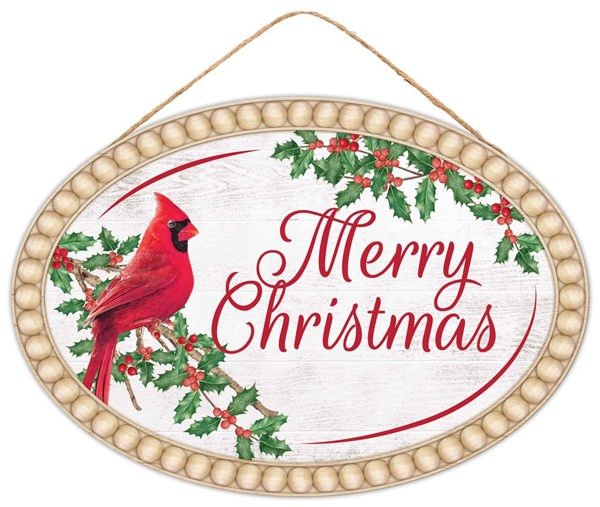 13"L x 9"H Merry Christmas / Cardinal Sign - AP7337 - White Bayou Wreaths & Supply