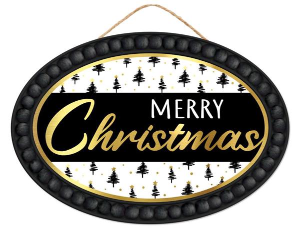 13"L x 9"H Merry Christmas Oval Sign: Black, Gold - AP8606 - White Bayou Wreaths & Supply