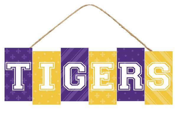 14"L x 4.75"H Tigers Block Sign: Purple, Yellow, White - AP7079 - White Bayou Wreaths & Supply