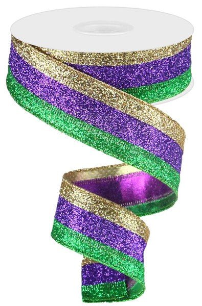 1.5" 3 In 1 Glitter: Mardi Gras (10 Yards) RM9823WY - White Bayou Wreaths & Supply