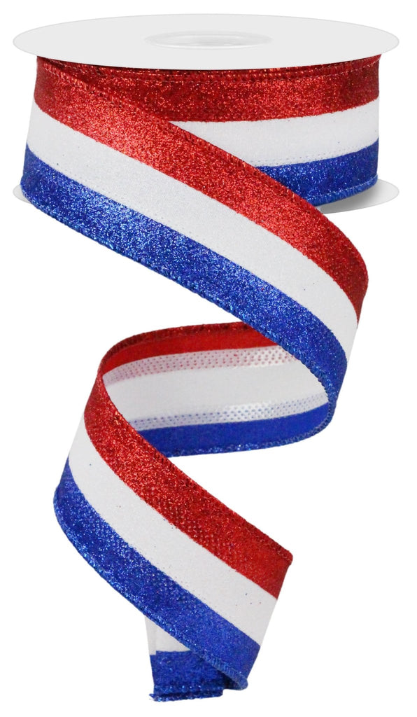 1.5" 3 - In - 1 Shimmer Glitter: Red, White, Blue (10 Yards) RGA8219A1 - White Bayou Wreaths & Supply